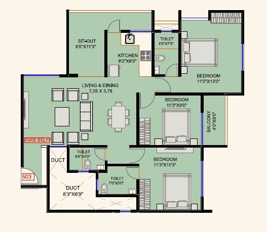 Floor plan of 3 BHK 1005 Sq. Ft. Apartment in Ashwamedh Sweet Home CHS, Pune