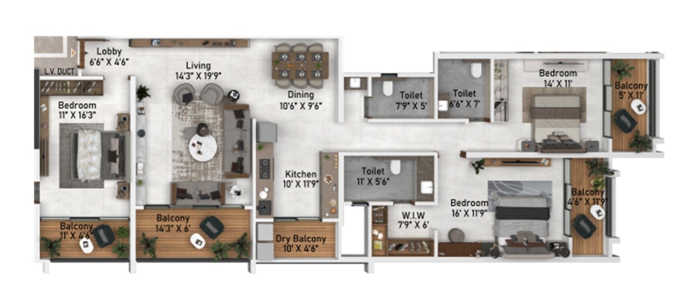Floor plan of 3 BHK 1621 Sq. Ft. Apartment in ASR 24 Pallod Farm, Pune