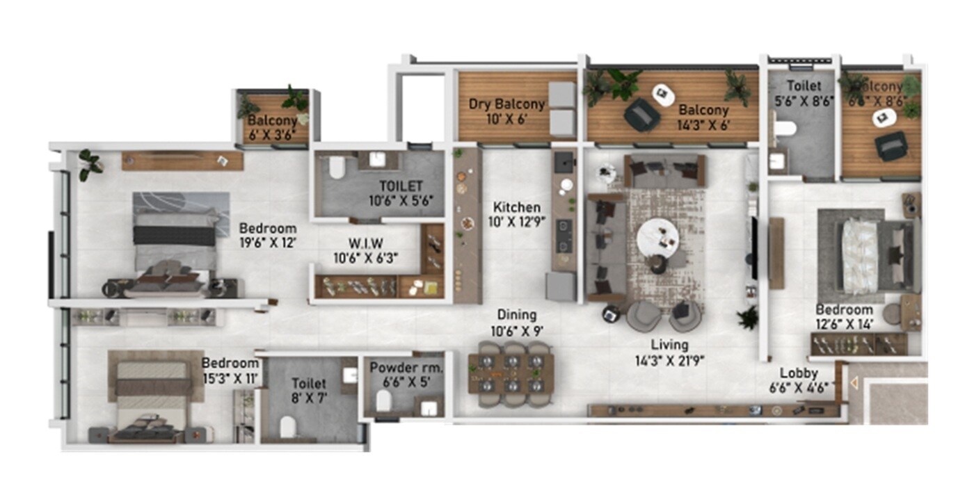 Floor plan of 3 BHK 1768 Sq. Ft. Apartment in ASR 24 Pallod Farm, Pune