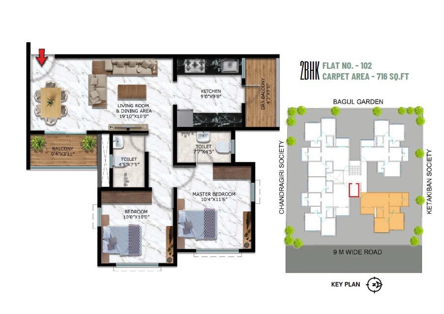 Floor plan of 2 BHK 720 Sq. Ft. Apartment in Associated Jai, Pune