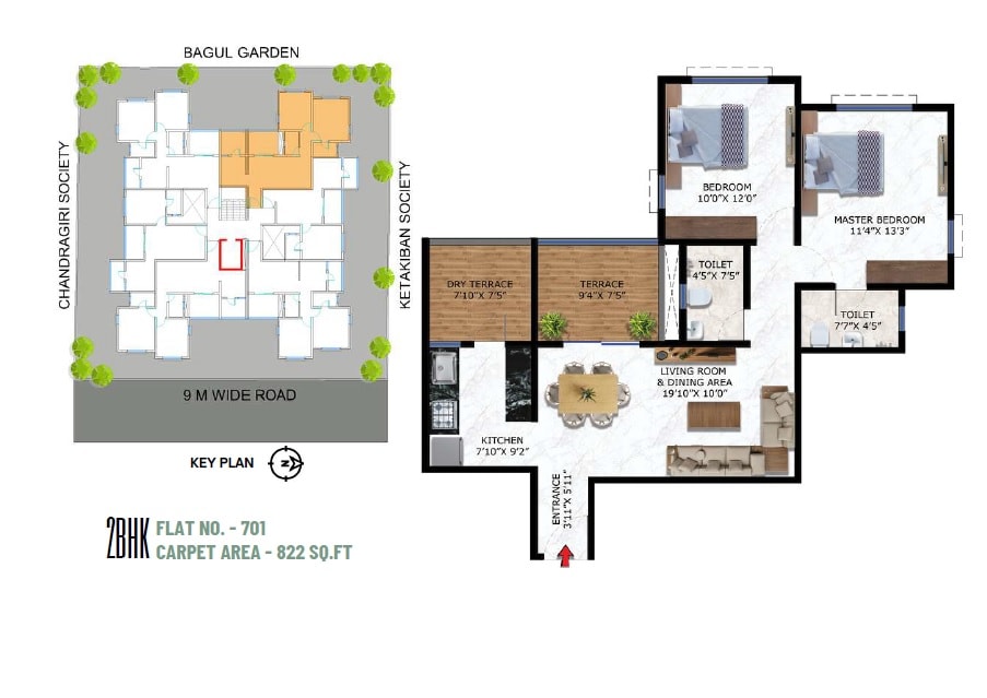 Floor plan of 2 BHK 802 Sq. Ft. Apartment in Associated Jai, Pune