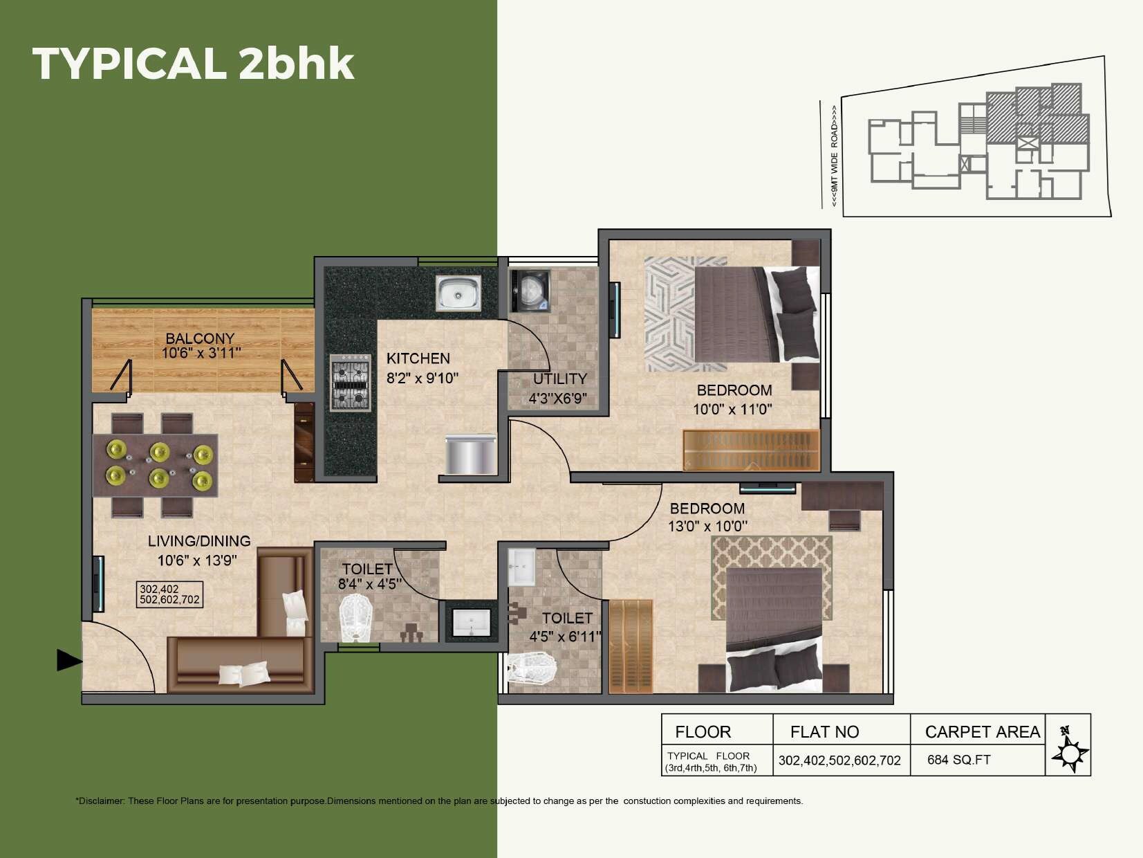 Floor plan of 2 BHK 684 Sq. Ft. Apartment in Associated Sai Smruti, Pune