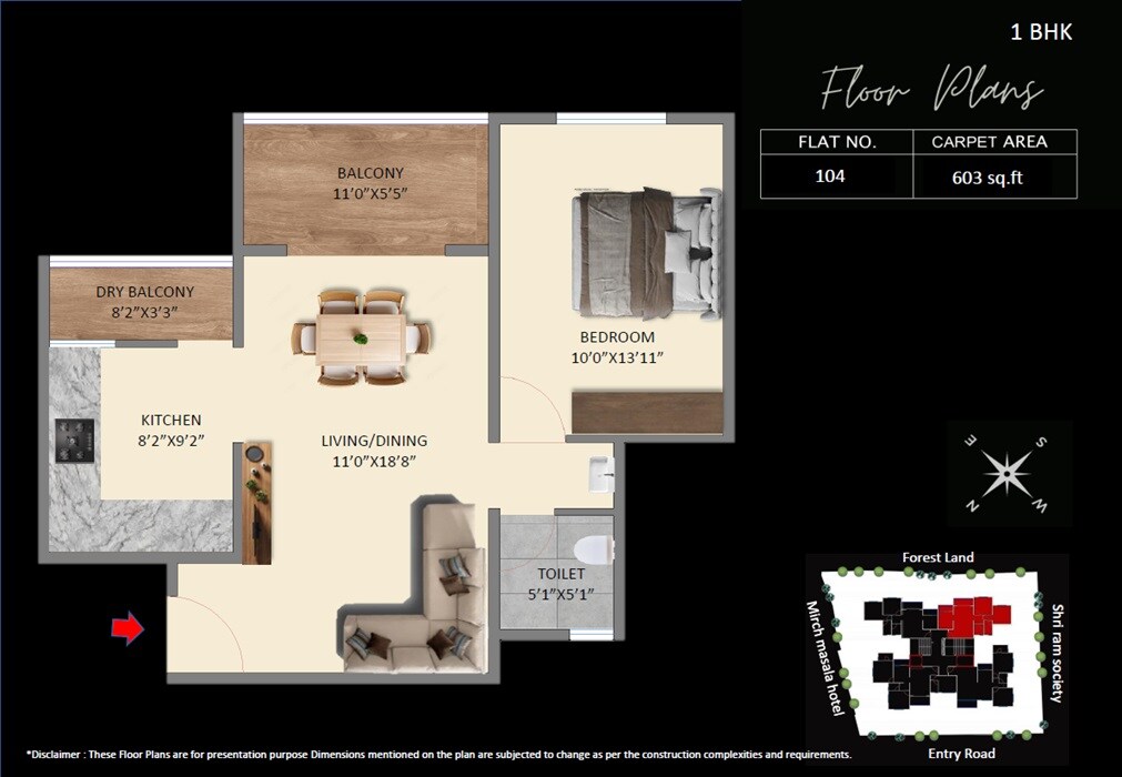 Floor plan of 1 BHK 603 Sq. Ft. Apartment in Associated Silvenia, Pune