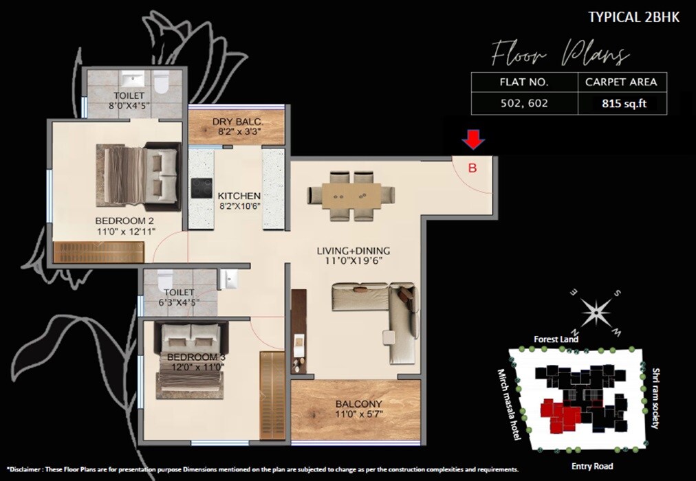 Floor plan of 2 BHK 815 Sq. Ft. Apartment in Associated Silvenia, Pune