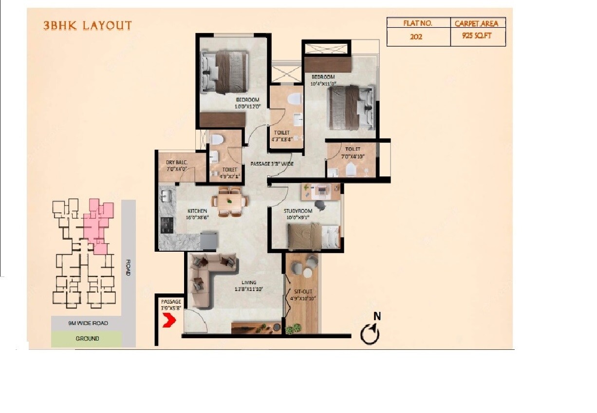 Floor plan of 3 BHK 925 Sq. Ft. Apartment in Associated Tejaswi, Pune