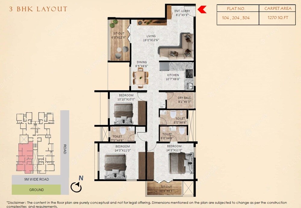Floor plan of 3 BHK 1270 Sq. Ft. Apartment in Associated Tejaswi, Pune