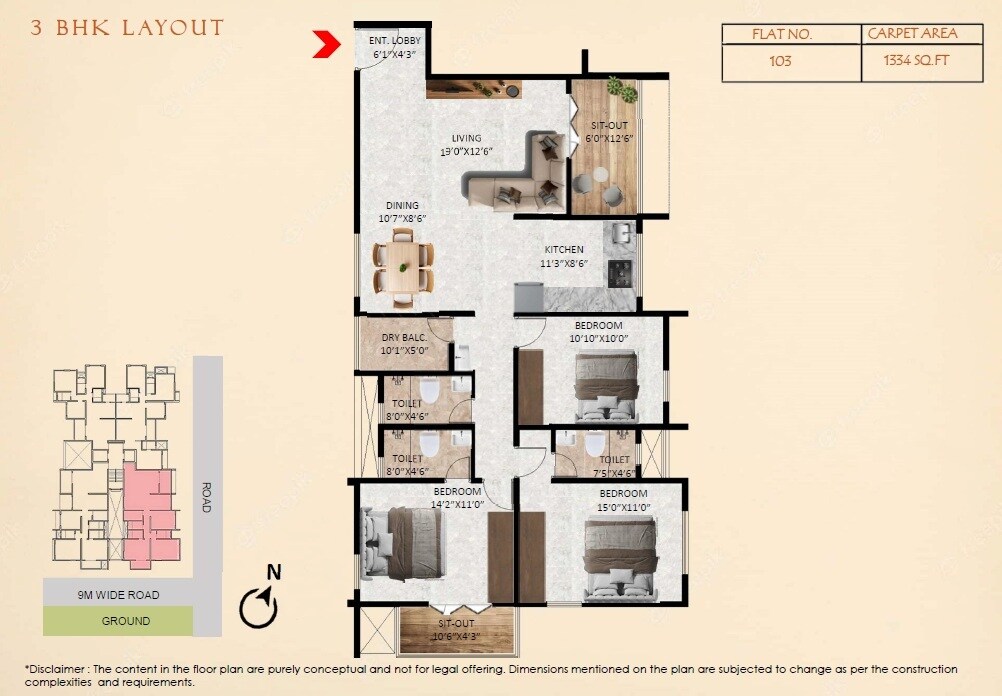 Floor plan of 3 BHK 1334 Sq. Ft. Apartment in Associated Tejaswi, Pune