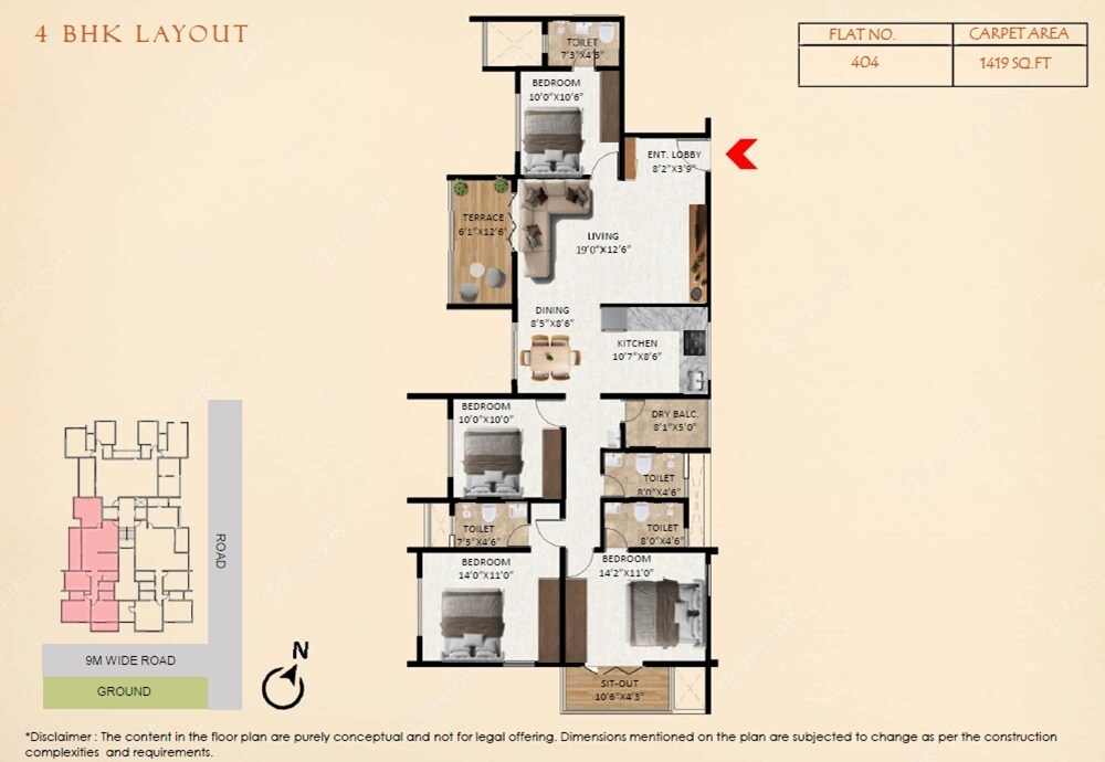 Floor plan of 4 BHK 1419 Sq. Ft. Apartment in Associated Tejaswi, Pune
