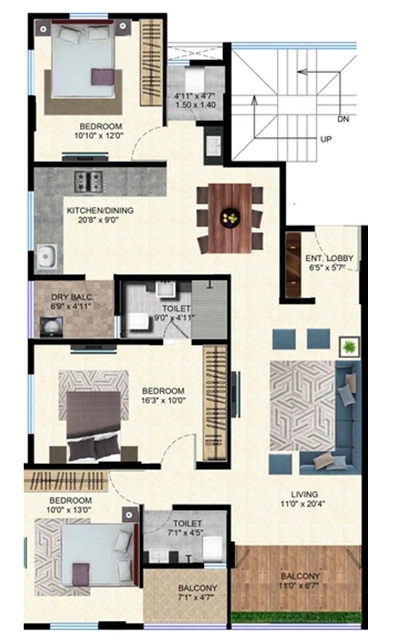 Floor plan of 3 BHK 1203 Sq. Ft. Apartment in Associated Yuvraj Apartments, Pune