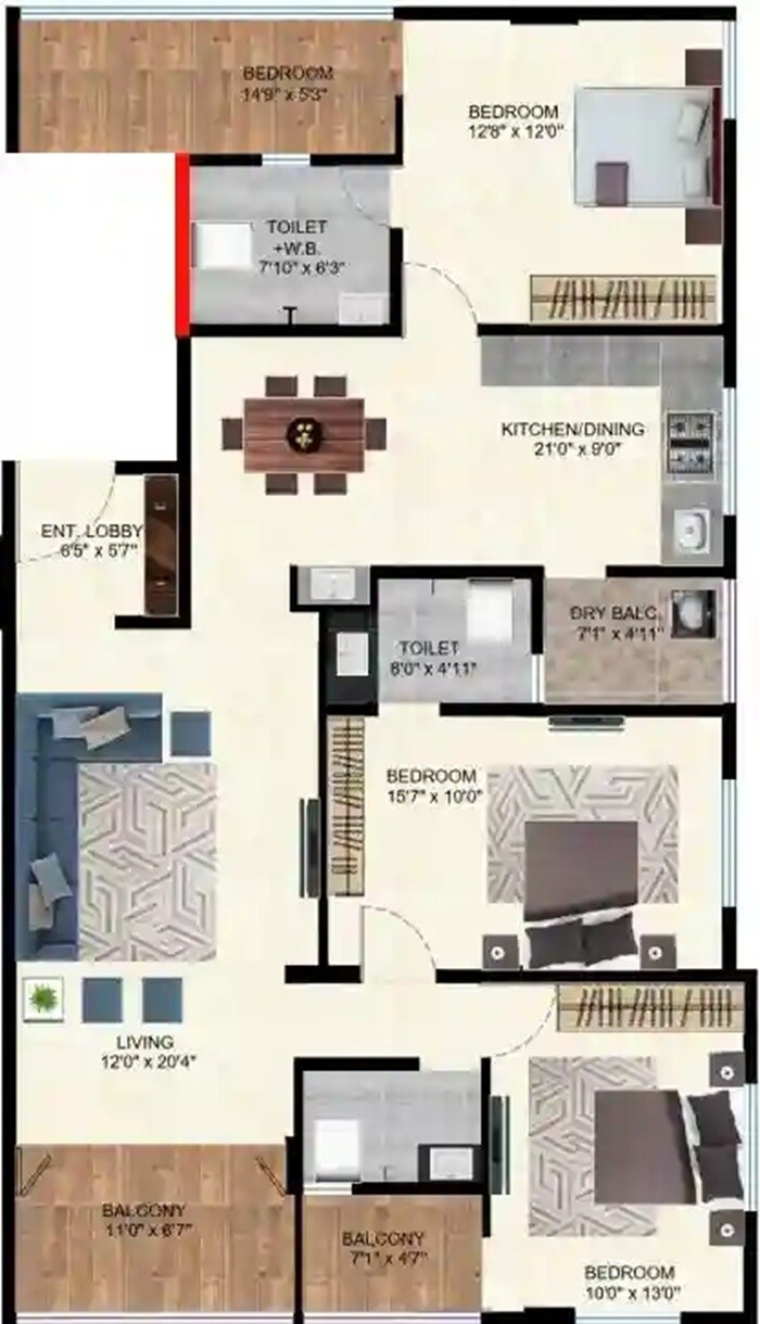 Floor plan of 3 BHK 1323 Sq. Ft. Apartment in Associated Yuvraj Apartments, Pune