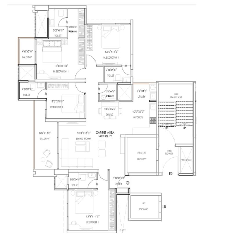 Floor plan of 4 BHK 1489 Sq. Ft. Apartment in Aswani Magnus, Pune