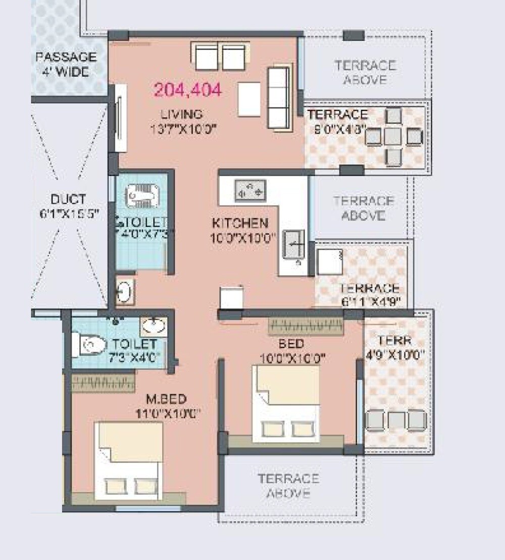 Floor plan of 2 BHK 671 Sq. Ft. Apartment in Atharva Advaitm Residency, Pune