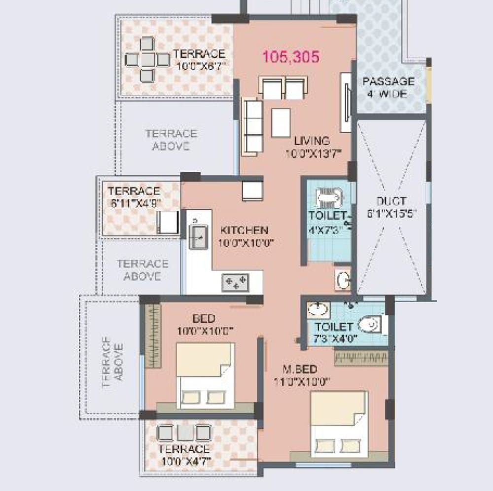 Floor plan of 2 BHK 693 Sq. Ft. Apartment in Atharva Advaitm Residency, Pune