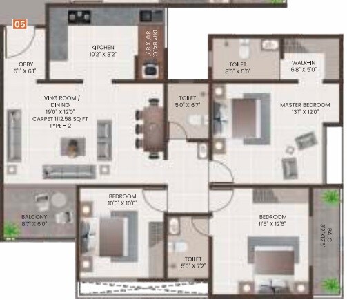 3 BHK 1111 Sq. Ft. Apartment