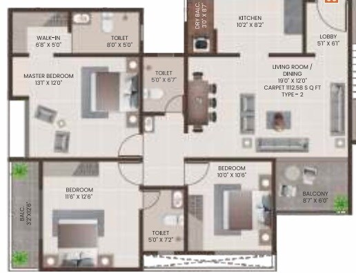 Floor plan of 4 BHK 1443 Sq. Ft. Apartment in Atharva Atlantis, Pune