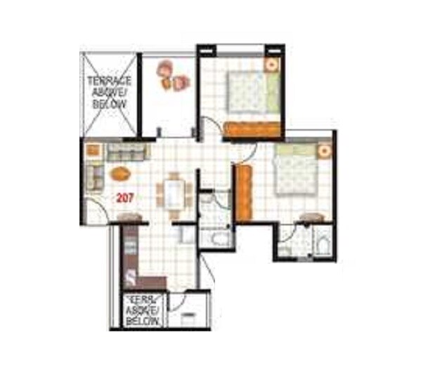 Floor plan of 2 BHK 623 Sq. Ft. Apartment in Atlanta Society, Pune