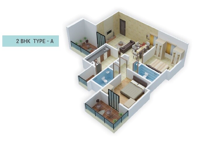 Floor plan of 2 BHK 586 Sq. Ft. Apartment in Atlantica East, Pune