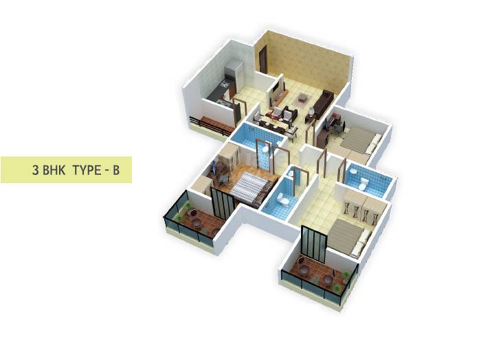 Floor plan of 3 BHK 1007 Sq. Ft. Apartment in Atlantica East, Pune