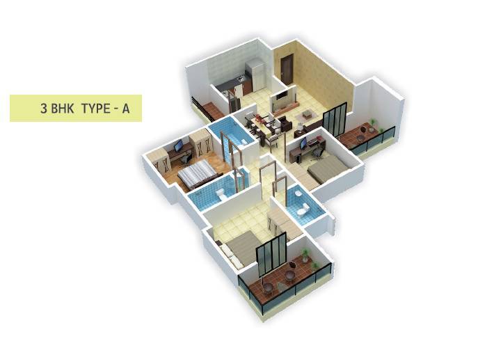 Floor plan of 3 BHK 764 Sq. Ft. Apartment in Atlantica East, Pune