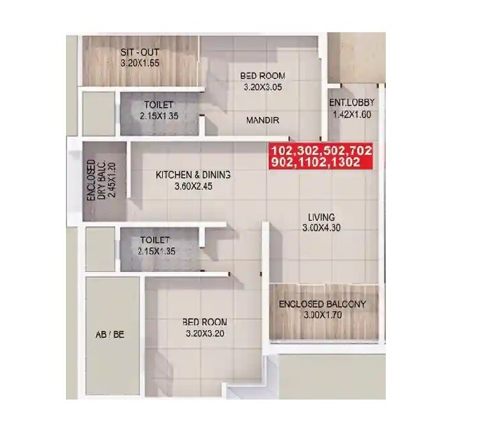 Floor plan of 2 BHK 644 Sq. Ft. Apartment in Atria Dhanashree Aanand 2, Pune