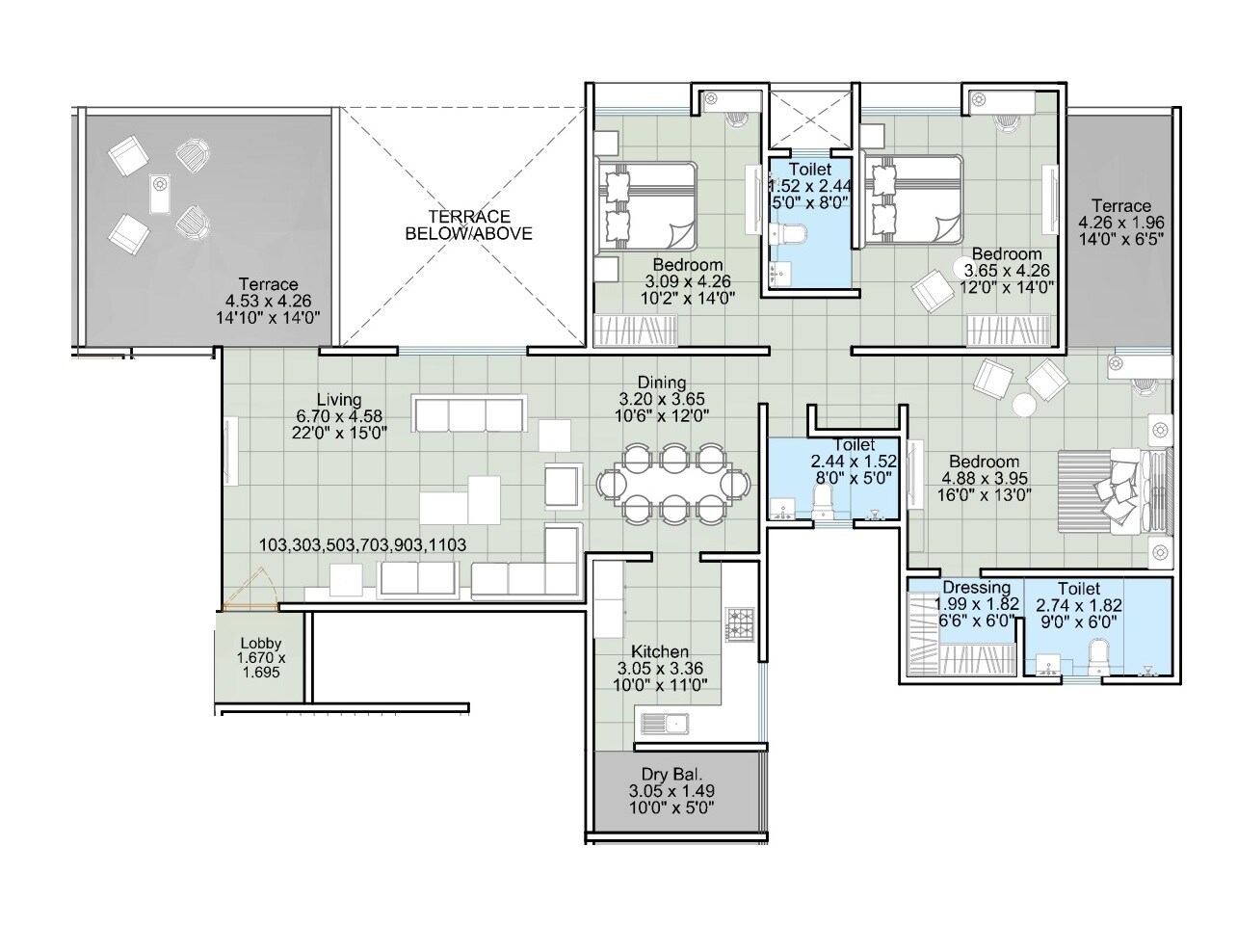 Floor plan of 3 BHK Apartment - 1393 sq. ft. in Atul Westernhills, Pune