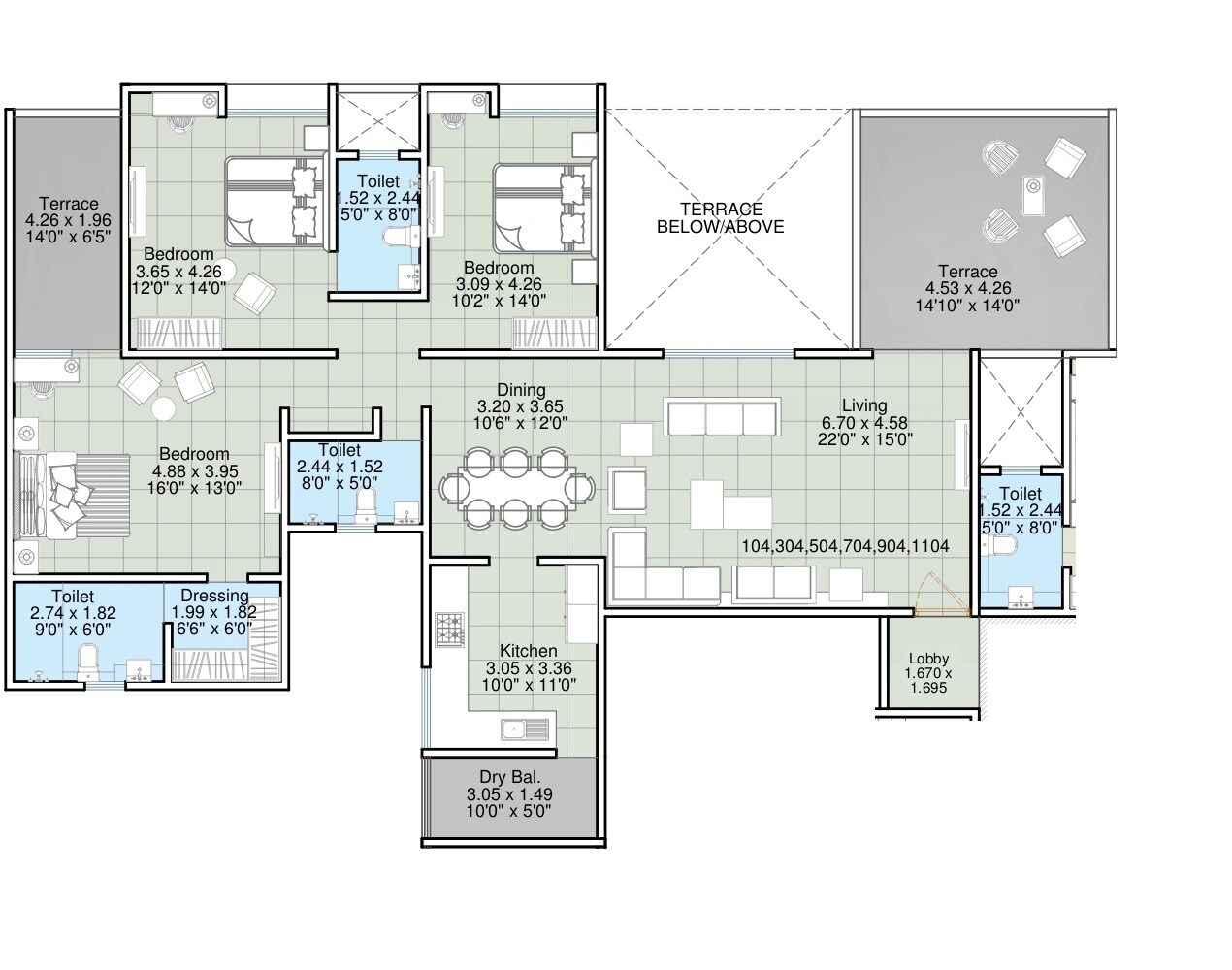 Floor plan of 3 BHK Apartment - 908 sq. ft. in Atul Westernhills, Pune