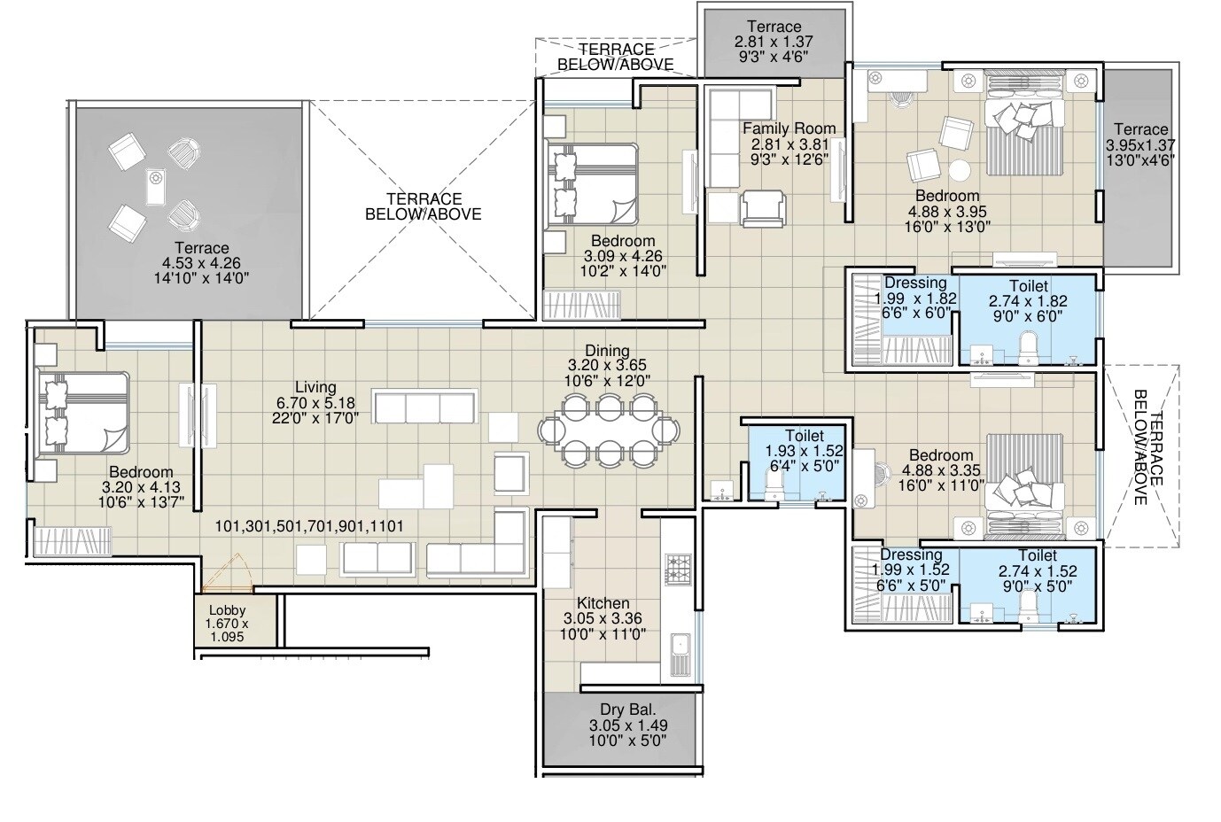 Floor plan of 4 BHK Apartment - 1833 sq. ft. in Atul Westernhills, Pune