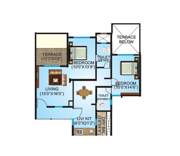 Floor plan of 2 BHK 720 Sq. Ft. Apartment in Atur Valley Vista, Pune