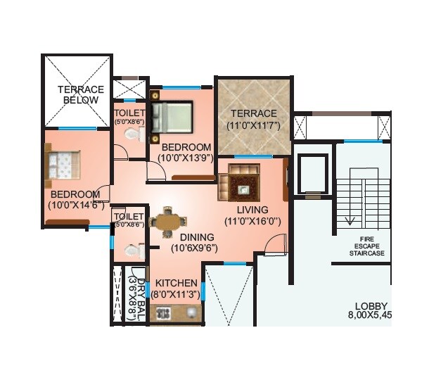 Floor plan of 2 BHK 762 Sq. Ft. Apartment in Atur Valley Vista, Pune
