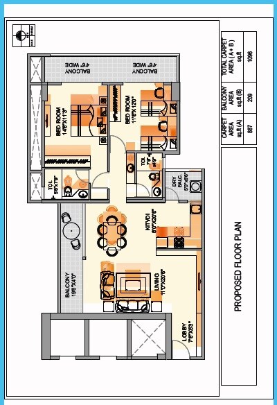 Floor plan of 2 BHK 1096 Sq. Ft. Apartment in Aum Antariksh Towers, Pune