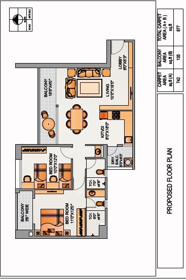 Floor plan of 2 BHK 877 Sq. Ft. Apartment in Aum Antariksh Towers, Pune