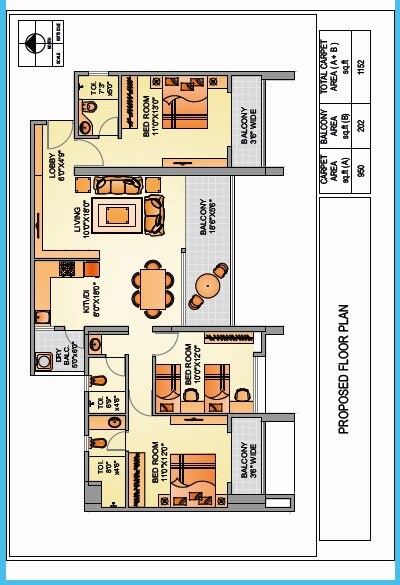 Floor plan of 3 BHK 1152 Sq. Ft. Apartment in Aum Antariksh Towers, Pune