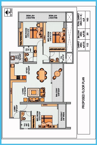 Floor plan of 3 BHK 1403 Sq. Ft. Apartment in Aum Antariksh Towers, Pune
