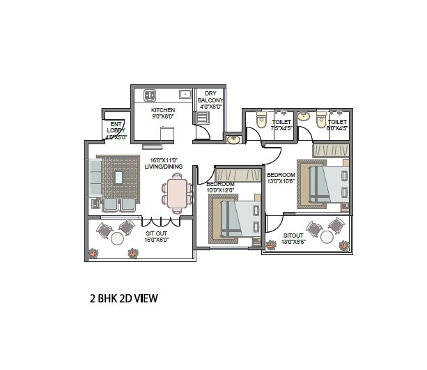 Floor plan of 2 BHK 667 Sq. Ft. Apartment in AUM Miravet District, Pune