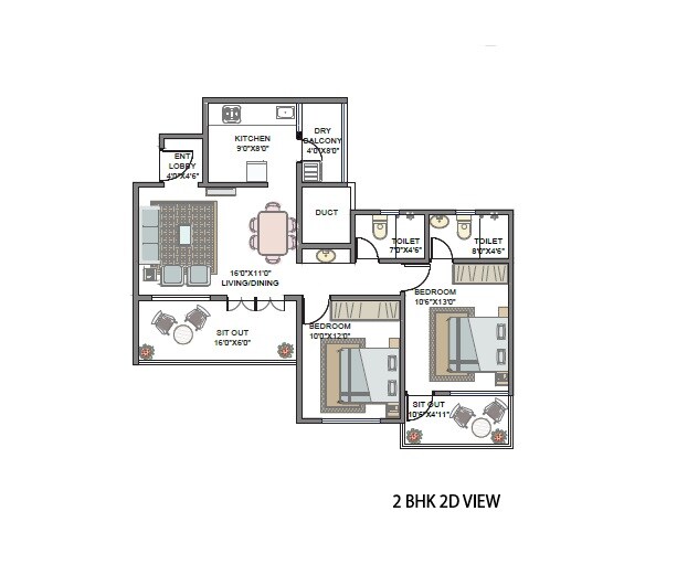 2 BHK 800 Sq. Ft. Apartment