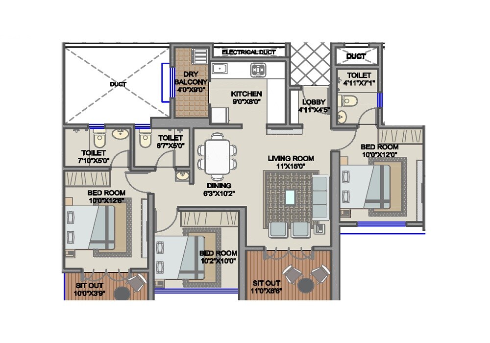 3 BHK 993 Sq. Ft. Apartment