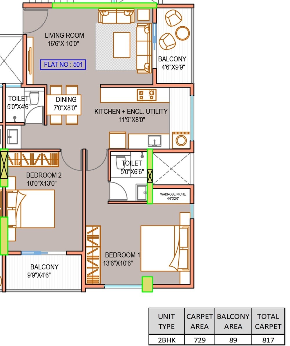Floor plan of 2 BHK 817 Sq. Ft. Apartment in Aumsanika Abhijatshree, Pune