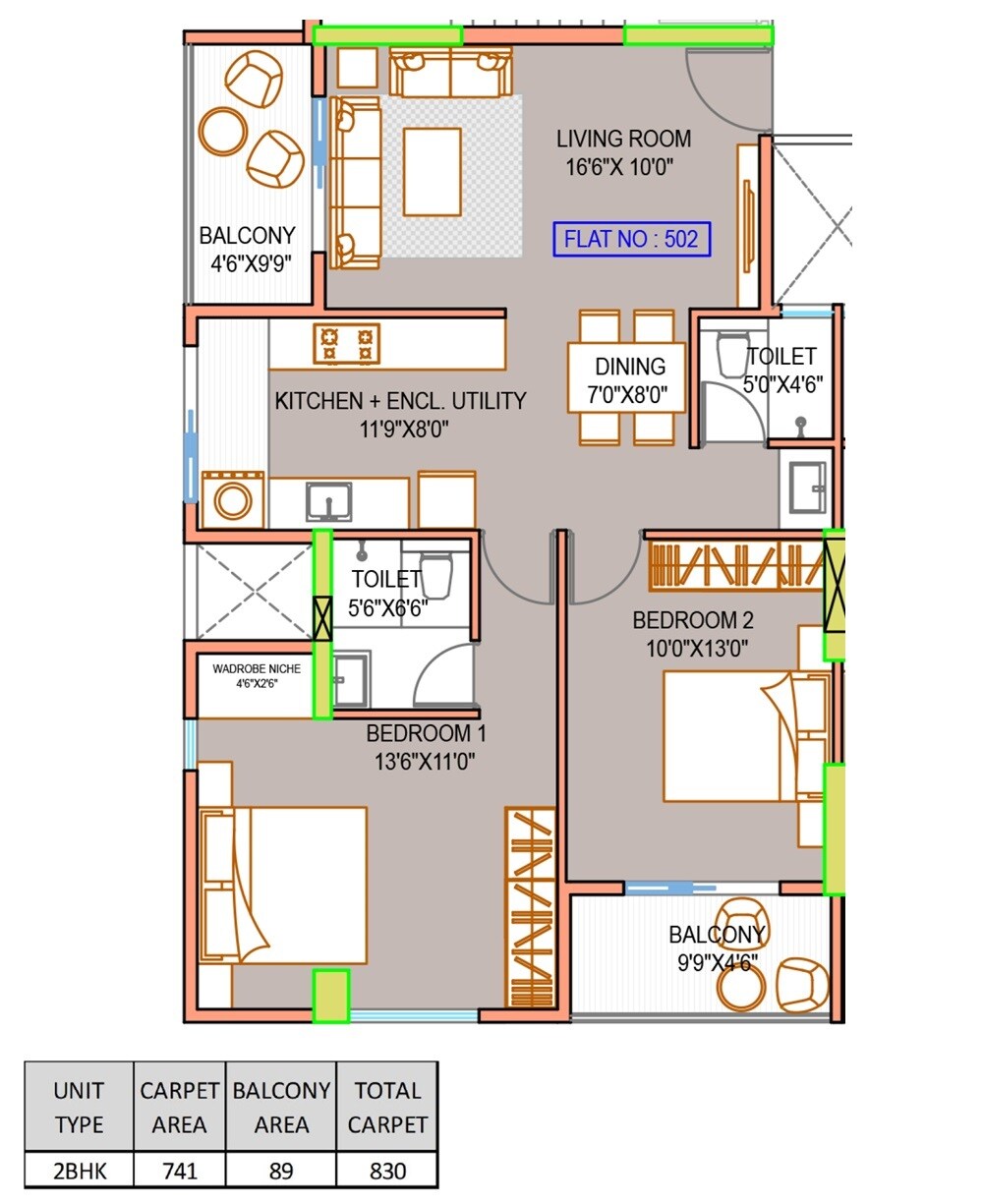 2 BHK 830 Sq. Ft. Apartment