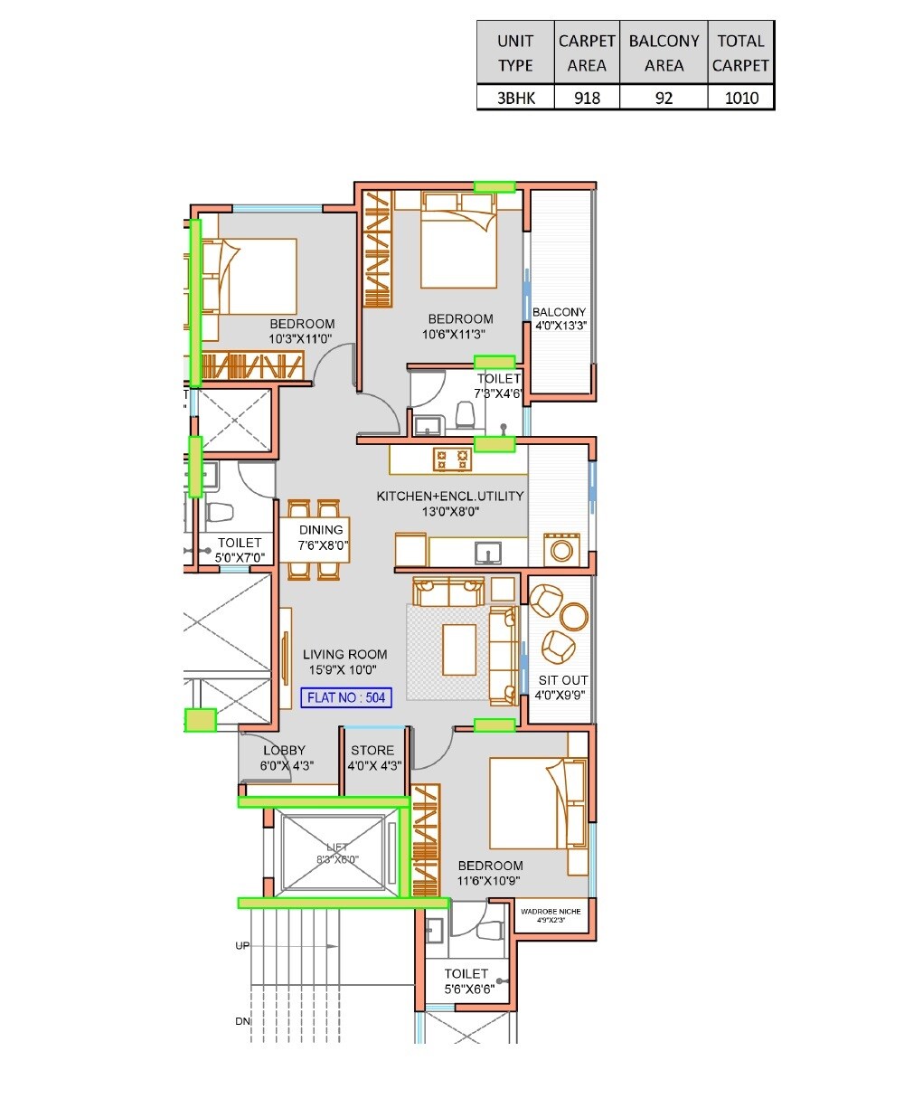 Floor plan of 3 BHK 1010 Sq. Ft. Apartment in Aumsanika Abhijatshree, Pune