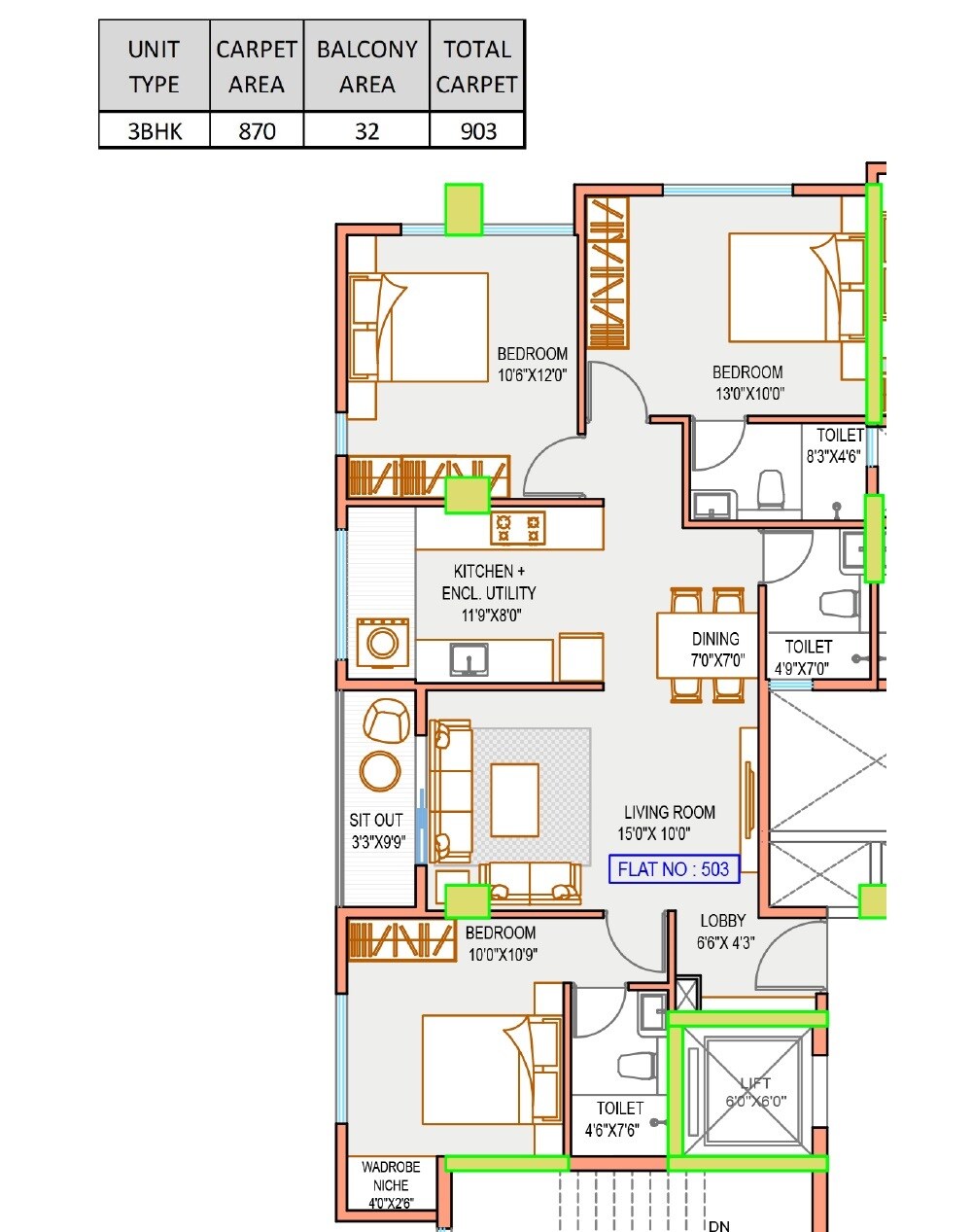 Floor plan of 3 BHK 903 Sq. Ft. Apartment in Aumsanika Abhijatshree, Pune