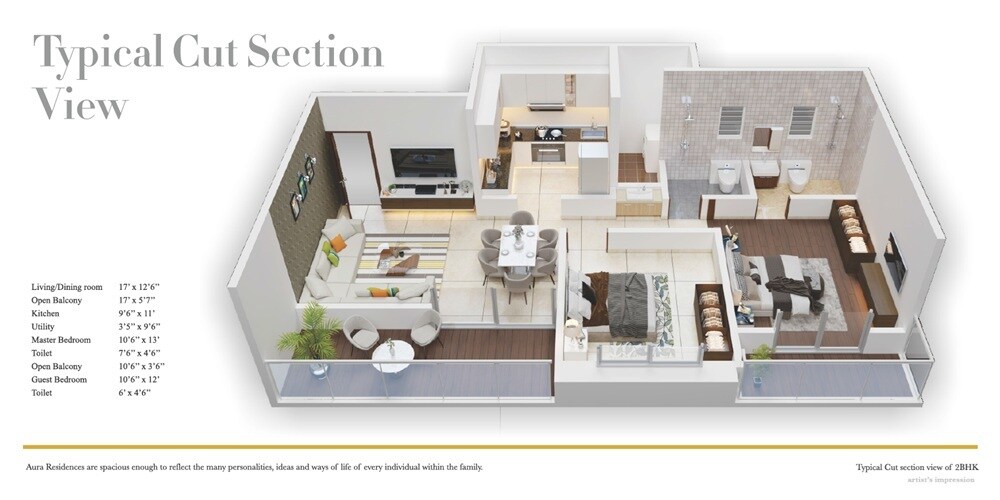 Floor plan of 2 BHK 830 Sq. Ft. Apartment in Aura Residences, Pune