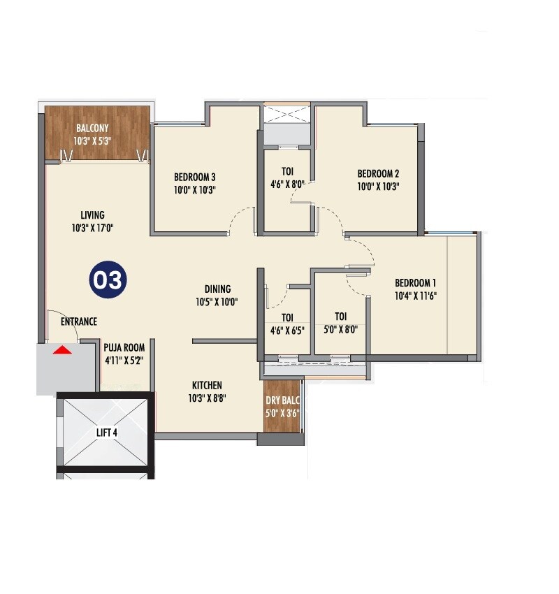 Floor plan of 3 BHK 986 Sq. Ft. Apartment in Aurigaa Aria, Pune