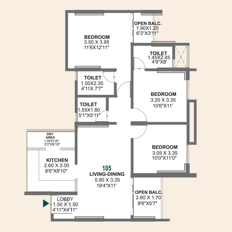 3 BHK 1009 Sq. Ft. Apartment