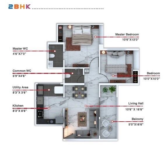 Floor plan of 2 BHK 638 Sq. Ft. Apartment in Aurigaa Mirai, Pune