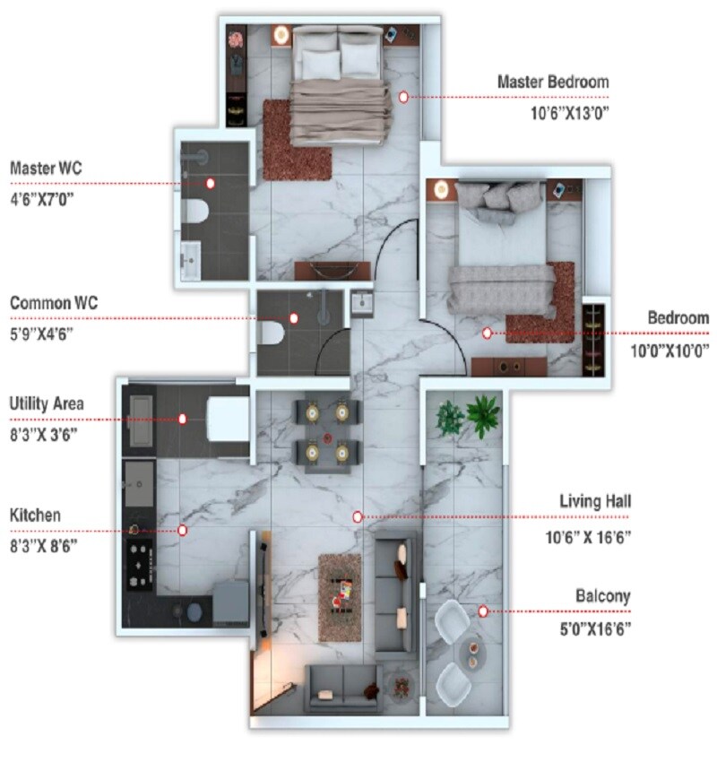 Floor plan of 2 BHK 719 Sq. Ft. Apartment in Aurigaa Mirai, Pune