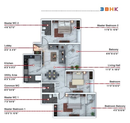 Floor plan of 3 BHK 1020 Sq. Ft. Apartment in Aurigaa Mirai, Pune