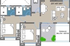 Floor plan of 2 BHK 1465 Sq. Ft. Apartment in Aurum Vrundavan, Pune