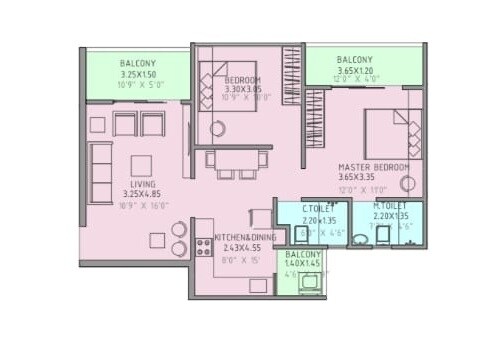 Floor plan of 2 BHK 514 Sq. Ft. Apartment in Austin Arena, Pune