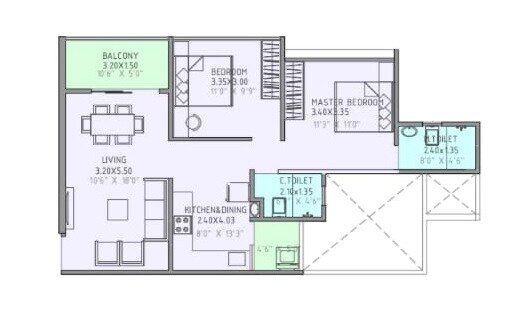 Floor plan of 2 BHK 656 Sq. Ft. Apartment in Austin Arena, Pune