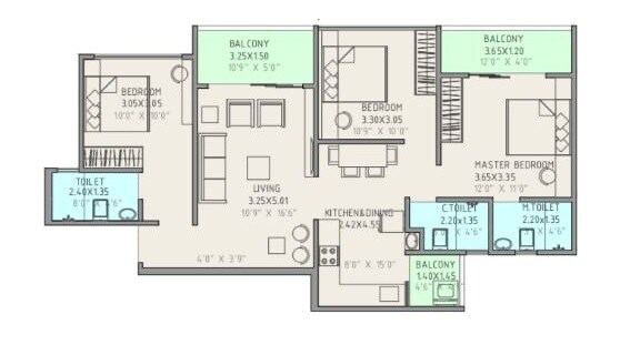 Floor plan of 3 BHK 968 Sq. Ft. Apartment in Austin Arena, Pune